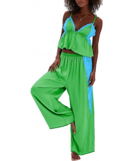 Women's Satin Pajama Set Lace Cami Top and Pants Lounge Set 2 Piece Silky Sleepwear
