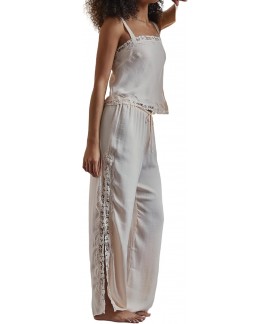Women's Satin Pajama Set Lace Cami Top and Pants Lounge Set 2 Piece Silky Sleepwear