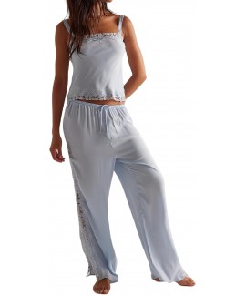 Women's Satin Pajama Set Lace Cami Top and Pants Lounge Set 2 Piece Silky Sleepwear