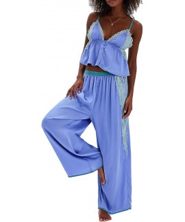 Women's Satin Pajama Set Lace Cami Top and Pants Lounge Set 2 Piece Silky Sleepwear
