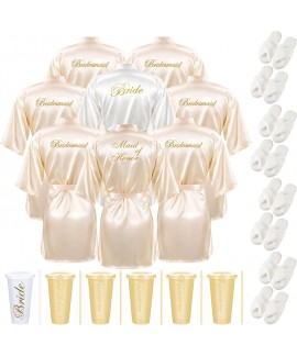 Satin Bridal Robes Set of 8 with Fluffy Slippers &...