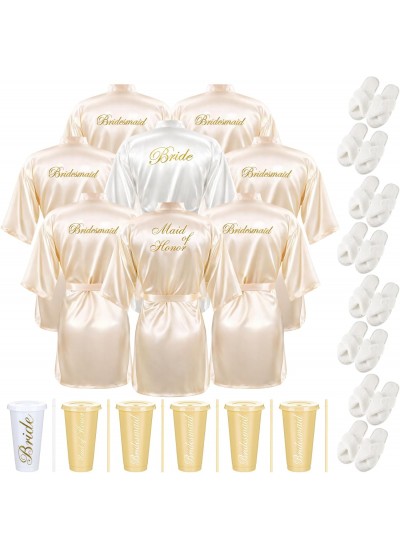 Satin Bridal Robes Set of 8 with Fluffy Slippers & Drinking Cups for Bachelorette Party