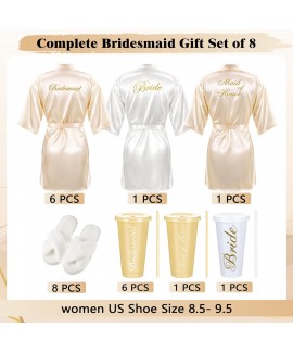 Satin Bridal Robes Set of 8 with Fluffy Slippers & Drinking Cups for Bachelorette Party