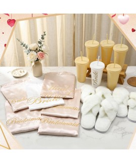 Satin Bridal Robes Set of 8 with Fluffy Slippers & Drinking Cups for Bachelorette Party