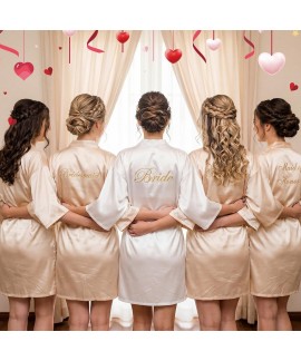 Satin Bridal Robes Set of 8 with Fluffy Slippers & Drinking Cups for Bachelorette Party