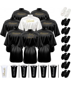 Satin Bridal Robes Set of 8 with Fluffy Slippers & Drinking Cups for Bachelorette Party