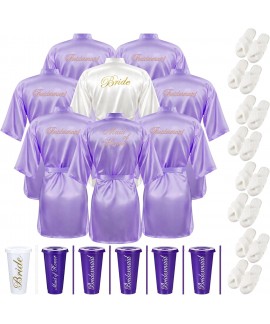 Satin Bridal Robes Set of 8 with Fluffy Slippers & Drinking Cups for Bachelorette Party