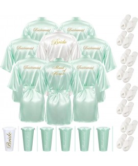 Satin Bridal Robes Set of 8 with Fluffy Slippers & Drinking Cups for Bachelorette Party