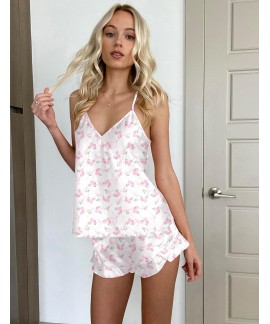 Satin Pajama Set for Women - Silk-Like Camisole Top and Ruffle Shorts Sleepwear