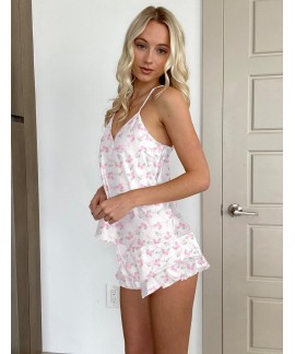 Satin Pajama Set for Women - Silk-Like Camisole Top and Ruffle Shorts Sleepwear