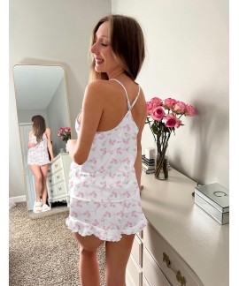 Satin Pajama Set for Women - Silk-Like Camisole Top and Ruffle Shorts Sleepwear