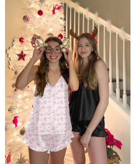 Satin Pajama Set for Women - Silk-Like Camisole Top and Ruffle Shorts Sleepwear