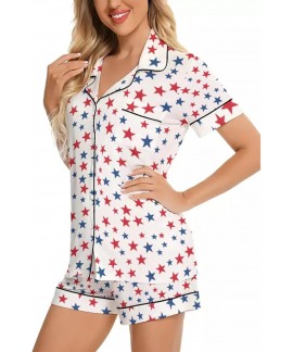 Satin Pajamas Set for Women – Star Print Button ...