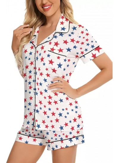 Satin Pajamas Set for Women – Star Print Button Down Shirt with Chest Pocket & Shorts Lounge Set