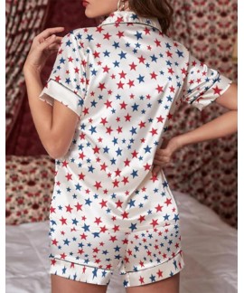 Satin Pajamas Set for Women – Star Print Button Down Shirt with Chest Pocket & Shorts Lounge Set