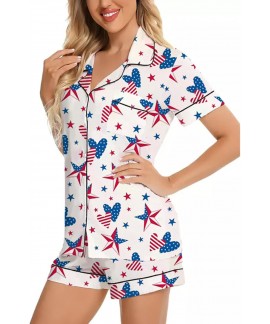 Satin Pajamas Set for Women – Star Print Button Down Shirt with Chest Pocket & Shorts Lounge Set