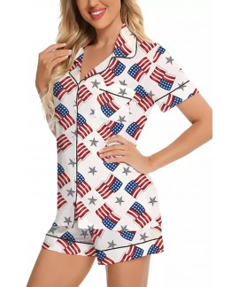 Satin Pajamas Set for Women – Star Print Button Down Shirt with Chest Pocket & Shorts Lounge Set