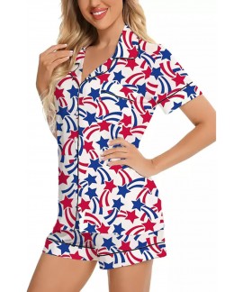 Satin Pajamas Set for Women – Star Print Button Down Shirt with Chest Pocket & Shorts Lounge Set