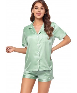 Satin Pajama Set for Women - 2-Piece Short Sleeve ...