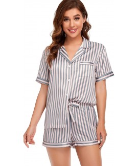 Satin Pajama Set for Women - 2-Piece Short Sleeve Sleepwear with Adjustable Drawstring
