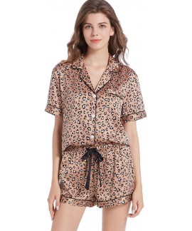 Satin Pajama Set for Women - 2-Piece Short Sleeve Sleepwear with Adjustable Drawstring