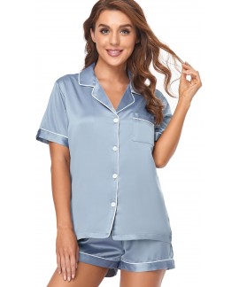 Satin Pajama Set for Women - 2-Piece Short Sleeve Sleepwear with Adjustable Drawstring
