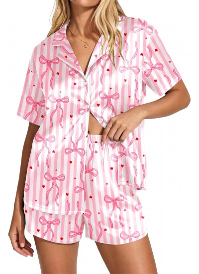 Satin Pajama Set for Women - Short Sleeve Button Down Sleepwear 2 Piece Silky Pj Set Soft Loungewear