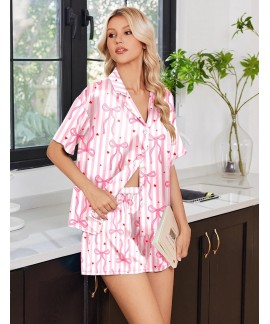 Satin Pajama Set for Women - Short Sleeve Button Down Sleepwear 2 Piece Silky Pj Set Soft Loungewear