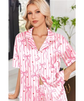 Satin Pajama Set for Women - Short Sleeve Button Down Sleepwear 2 Piece Silky Pj Set Soft Loungewear