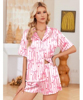 Satin Pajama Set for Women - Short Sleeve Button Down Sleepwear 2 Piece Silky Pj Set Soft Loungewear