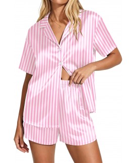 Satin Pajama Set for Women - Short Sleeve Button Down Sleepwear 2 Piece Silky Pj Set Soft Loungewear