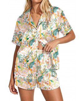 Satin Pajama Set for Women - Short Sleeve Button Down Sleepwear 2 Piece Silky Pj Set Soft Loungewear