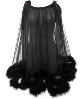 Sheer Mesh Feather Trim Robe - Sexy Bridal Lingeri...
