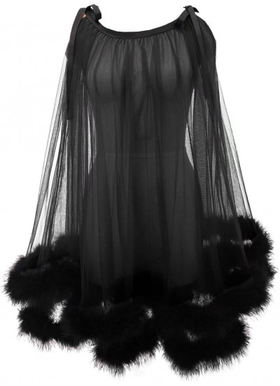 Sheer Mesh Feather Trim Robe - Sexy Bridal Lingerie & Nightgown for Women, Illusion Fur Wrap