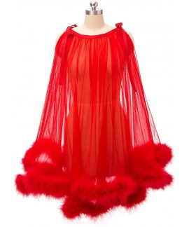 Sheer Mesh Feather Trim Robe - Sexy Bridal Lingerie & Nightgown for Women, Illusion Fur Wrap