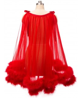 Sheer Mesh Feather Trim Robe - Sexy Bridal Lingerie & Nightgown for Women, Illusion Fur Wrap