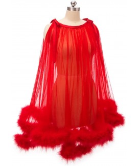 Sheer Mesh Feather Trim Robe - Sexy Bridal Lingerie & Nightgown for Women, Illusion Fur Wrap