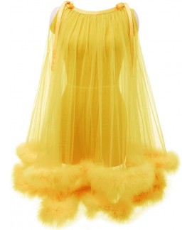 Sheer Mesh Feather Trim Robe - Sexy Bridal Lingerie & Nightgown for Women, Illusion Fur Wrap