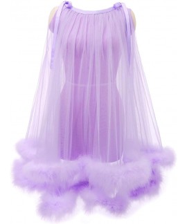 Sheer Mesh Feather Trim Robe - Sexy Bridal Lingerie & Nightgown for Women, Illusion Fur Wrap