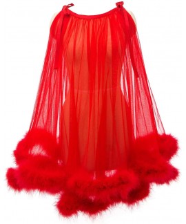 Sheer Mesh Feather Trim Robe - Sexy Bridal Lingerie & Nightgown for Women, Illusion Fur Wrap