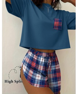 Side Split Short Pajama Set 2 Piece Soft Lounge Sleepwear for Women