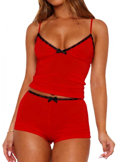 Fitted V Neck Cami Top and Shorts Pajama Set for Women - Sleeveless 2 Piece Sleepwear with Bow Front