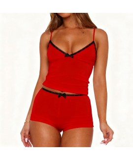Fitted V Neck Cami Top and Shorts Pajama Set for Women - Sleeveless 2 Piece Sleepwear with Bow Front