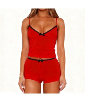 Fitted V Neck Cami Top and Shorts Pajama Set for Women - Sleeveless 2 Piece Sleepwear with Bow Front