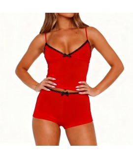 Fitted V Neck Cami Top and Shorts Pajama Set for Women - Sleeveless 2 Piece Sleepwear with Bow Front