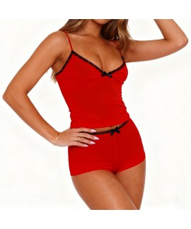 Fitted V Neck Cami Top and Shorts Pajama Set for Women - Sleeveless 2 Piece Sleepwear with Bow Front