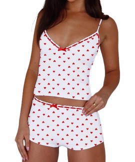 Fitted V Neck Cami Top and Shorts Pajama Set for Women - Sleeveless 2 Piece Sleepwear with Bow Front
