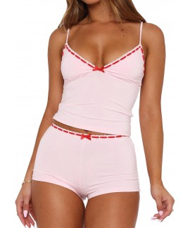Fitted V Neck Cami Top and Shorts Pajama Set for Women - Sleeveless 2 Piece Sleepwear with Bow Front