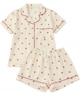 Women's 2 Piece Pajama Set Cute Pjs Sleepwear Summer Button Down Short Sleeve Shirt and Shorts Loungewear