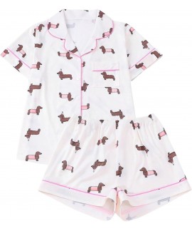 Women's 2 Piece Pajama Set Cute Pjs Sleepwear Summer Button Down Short Sleeve Shirt and Shorts Loungewear